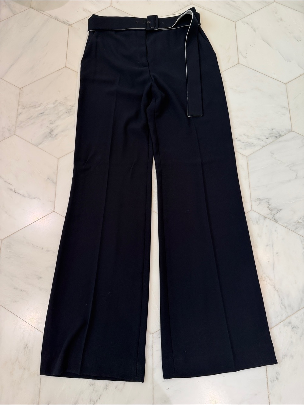 Pearl Lela Rose High-Waist Wide-Leg Navy Pants with Removable Belt